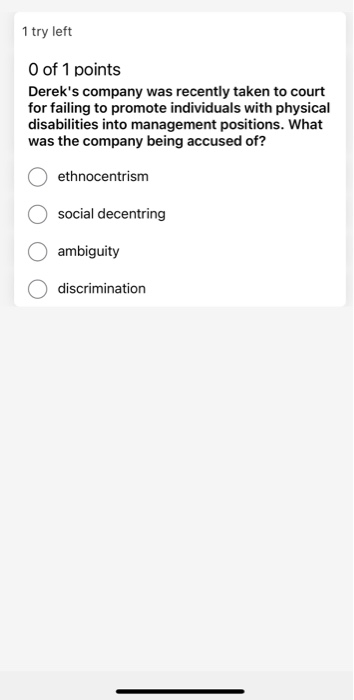 1 try left O of 1 points Derek's company was