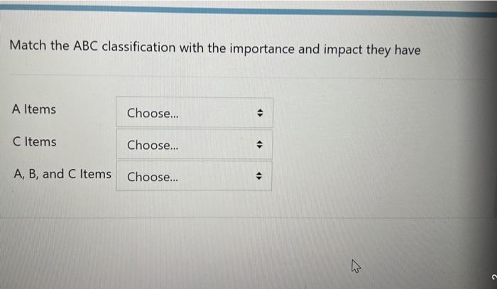 Match the ABC classification with the importance
