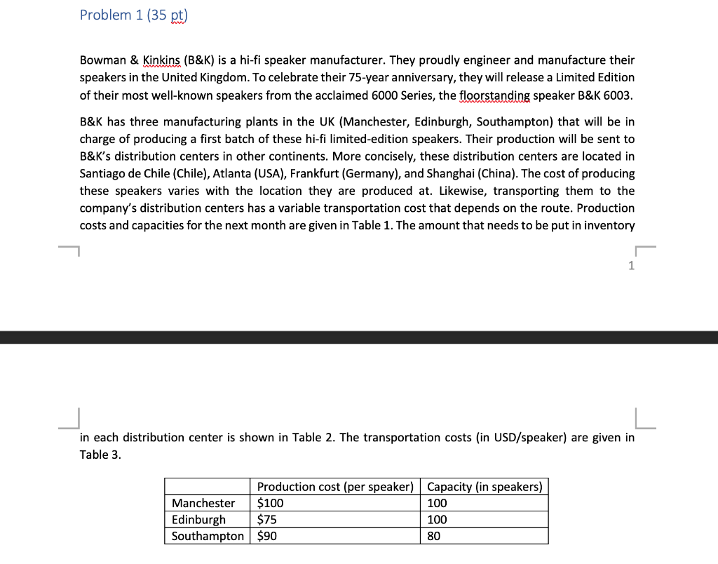 Problem 1 (35 pt) Bowman & Kinkins (B&K) is a