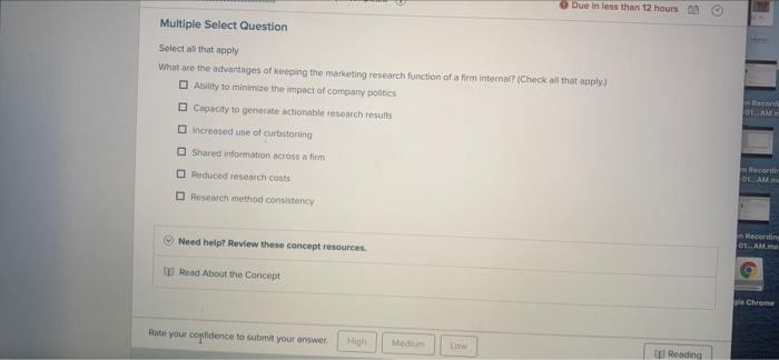 Due in less than 12 hours Multiple Select