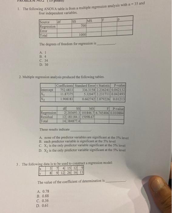 1. The following ANOVA table is from a multiple