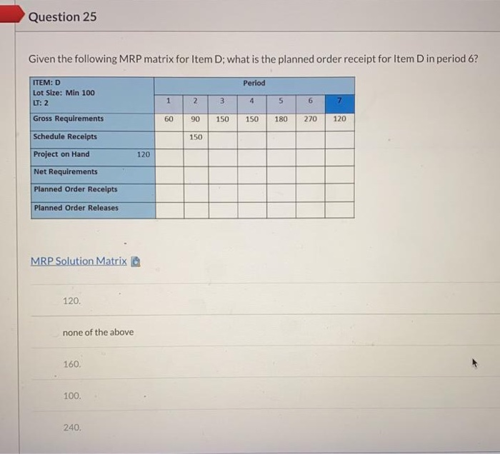 Question 25 Given the following MRP matrix for