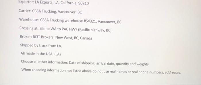 Assignment #6 Customs Documents CCD, a Choose 2