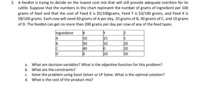 2. A feedlot is trying to decide on the lowest