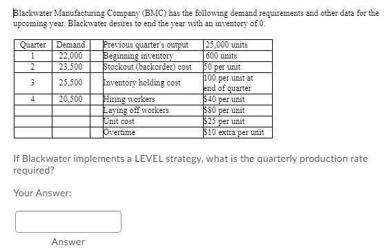 Blackwater Manufacturing Company (BMC) has the