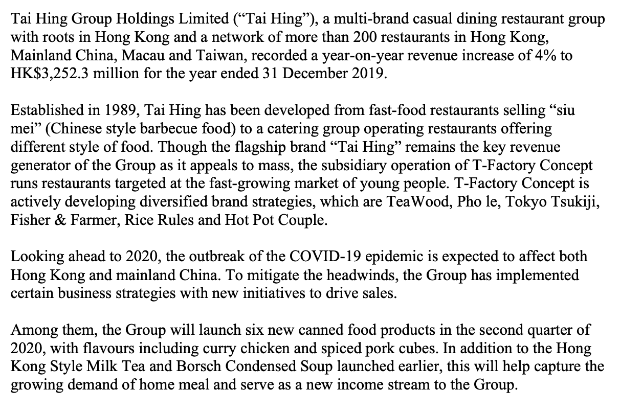Tai Hing Group Holdings Limited (Tai Hing), a