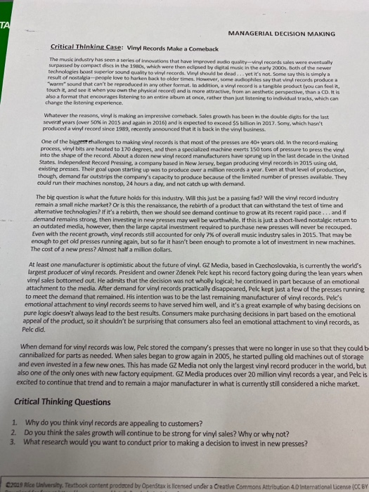 TA MANAGERIAL DECISION MAKING Critical Thinking