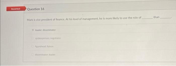 Incorrect Question 16 than Mark is vice president