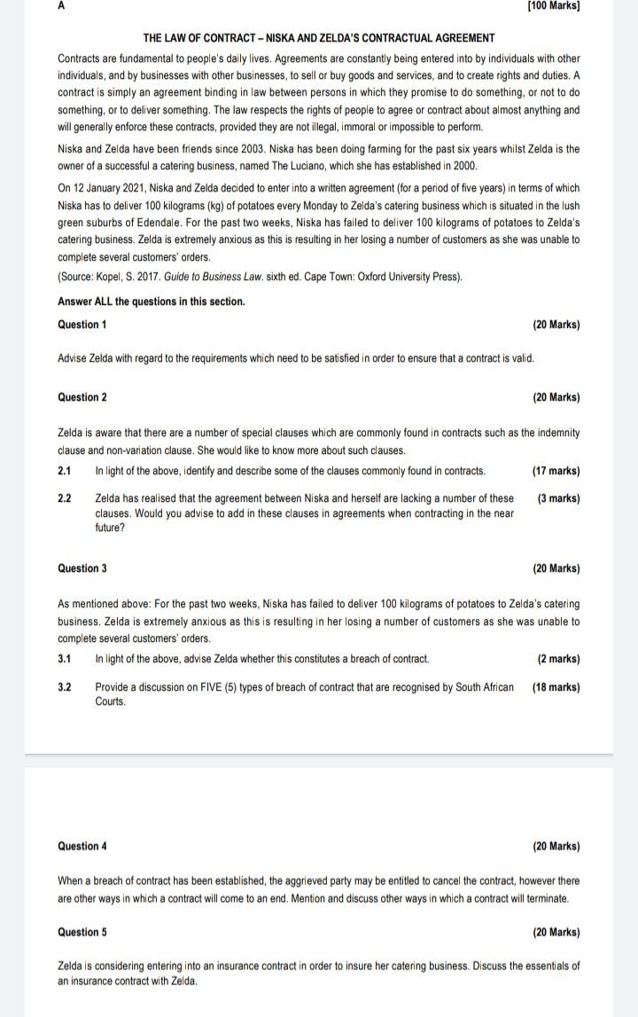 A [100 Marks] THE LAW OF CONTRACT - NISKA AND