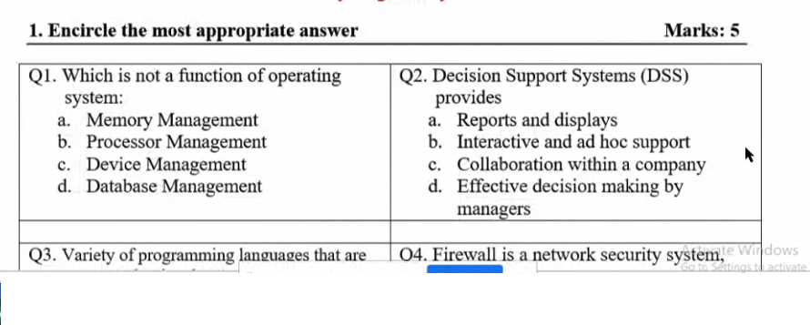 1. Encircle the most appropriate answer Marks: 5