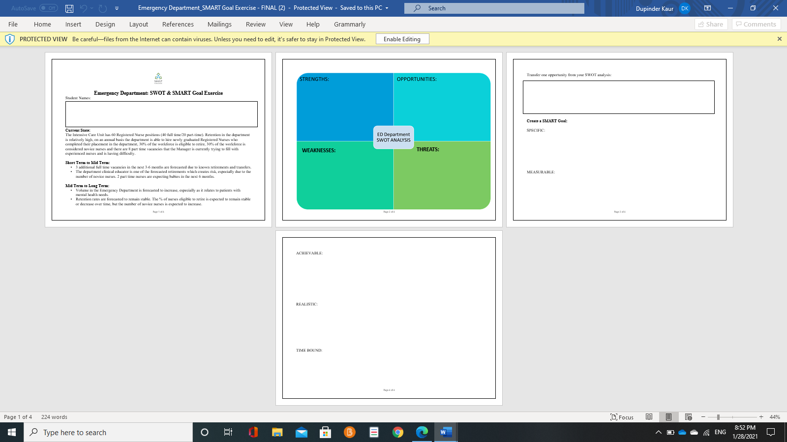 HCA 118 Innovation in Healthcare ED SMART Goals