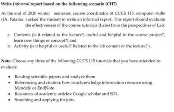 Write Informal report based on the following