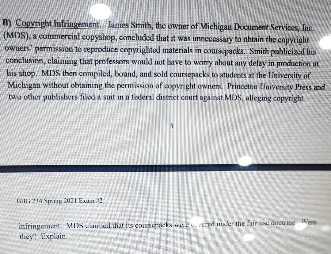 B) Copyright Infringement. James Smith, the owner