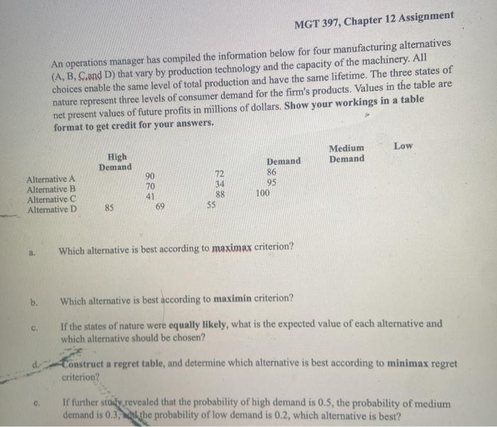 MGT 397, Chapter 12 Assignment An operations