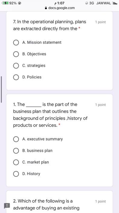 ?? 92% O * 3G JAWWAL I. 21:07 docs.google.com 1