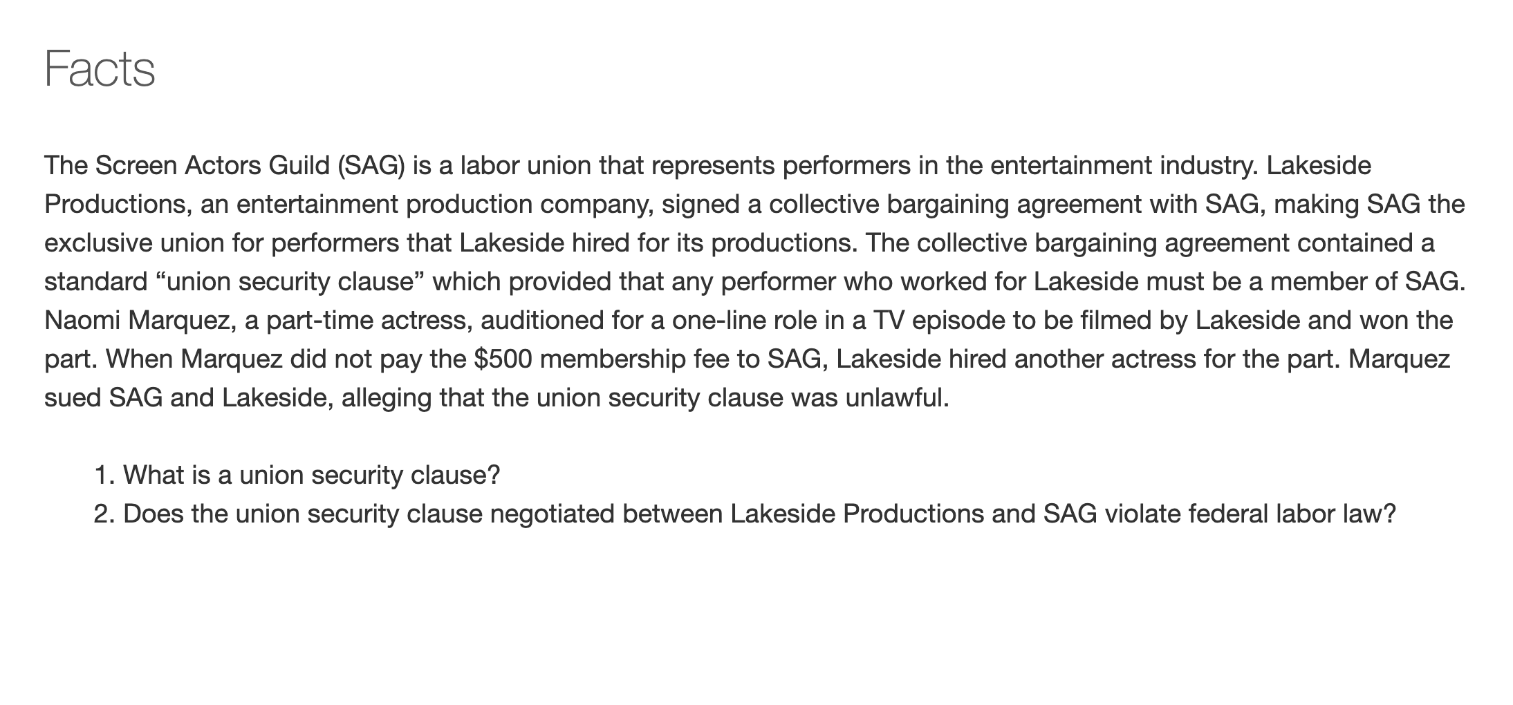 Please answer question #2 Facts The Screen Actors
