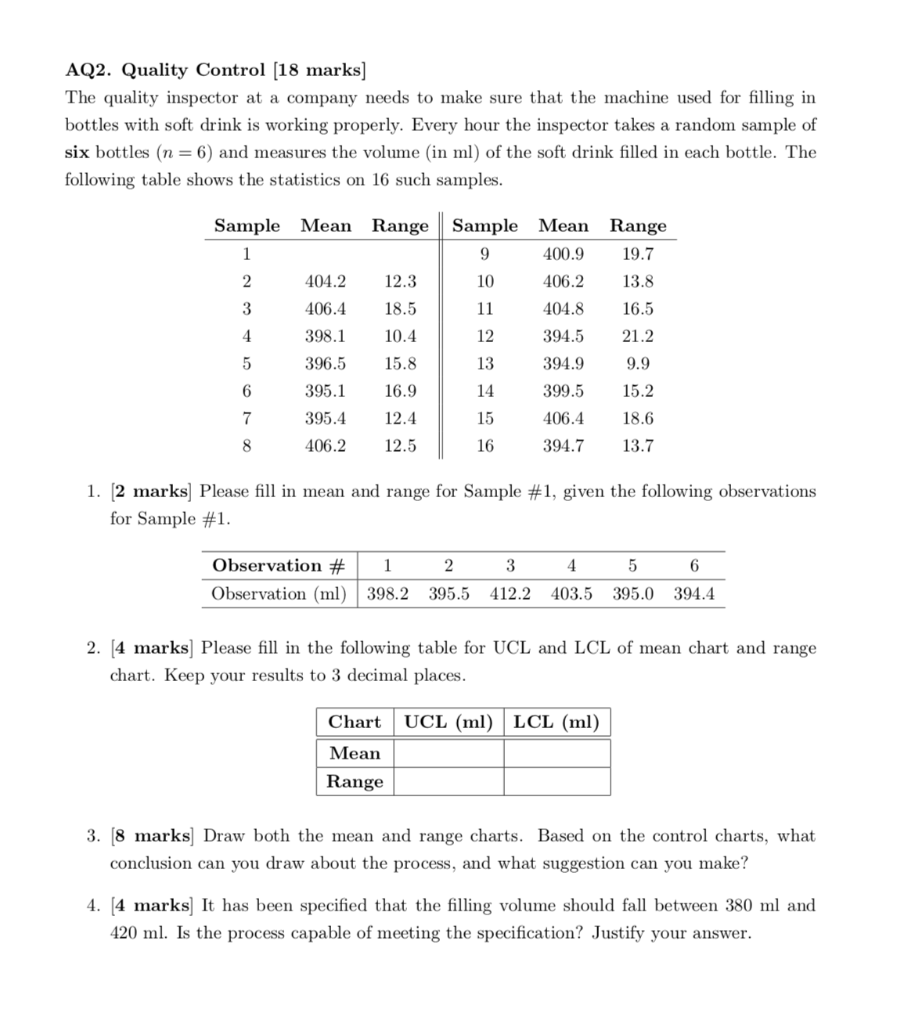 AQ2. Quality Control (18 marks] The quality