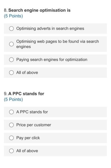 help! 8. Search engine optimisation is (5 Points)