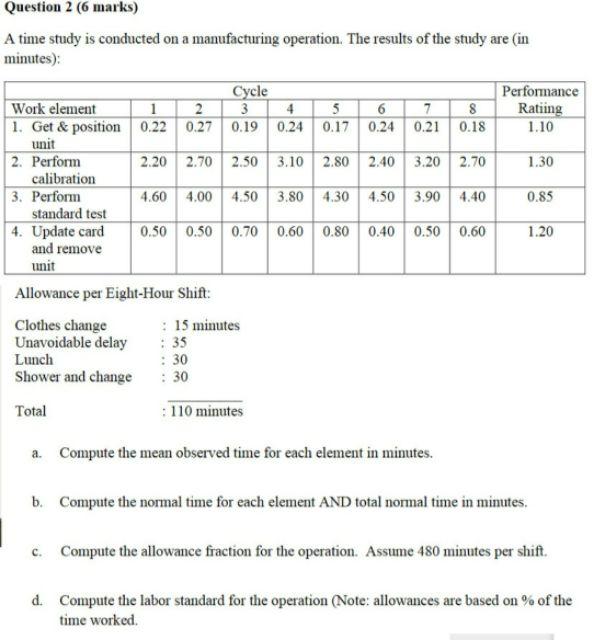 Question 2 (6 marks) A time study is conducted on