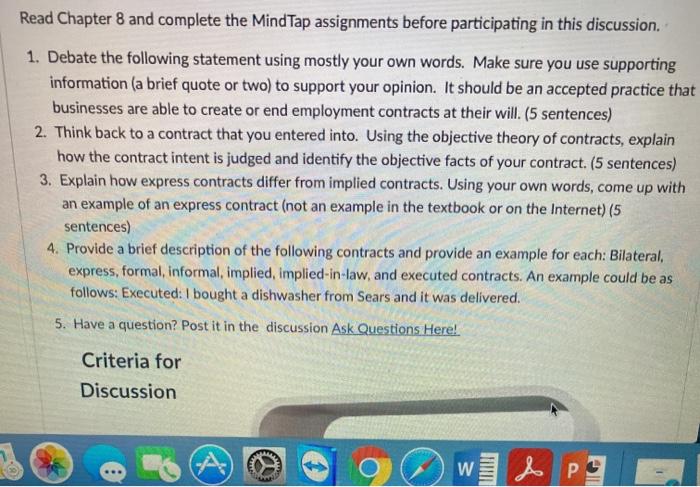 Read Chapter 8 and complete the MindTap