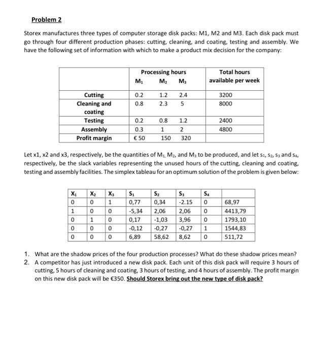 Problem 2 Storex manufactures three types of