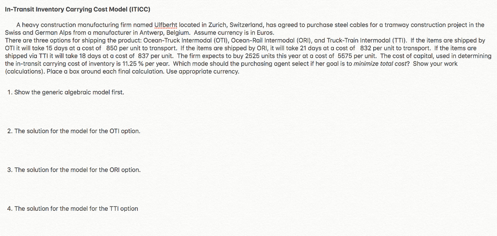 In-Transit Inventory Carrying Cost Model (ITICC)