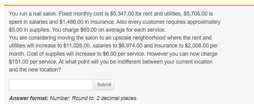 You run a nail salon. Fixed monthly cost is