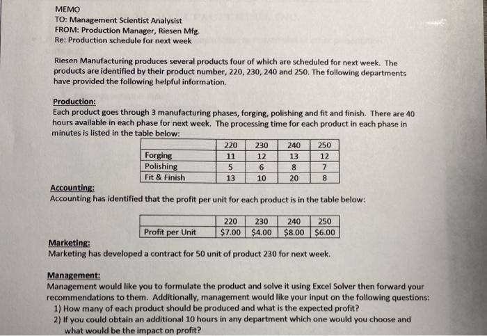 MEMO TO: Management Scientist Analysist FROM: