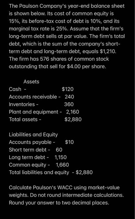 The Paulson Company's year-end balance sheet is