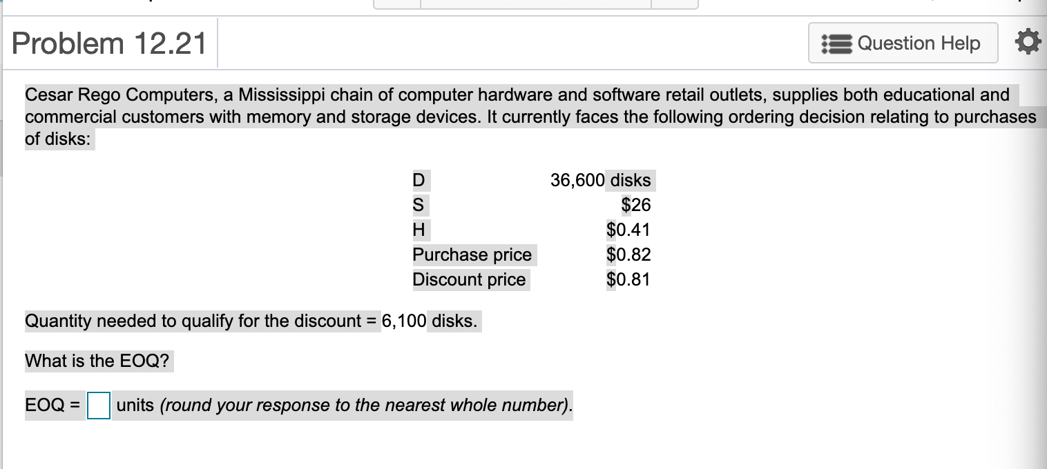 a.) What is the EOQ? EOQ = __ units (round to the