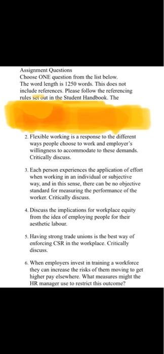 Assignment Questions Choose ONE question from the