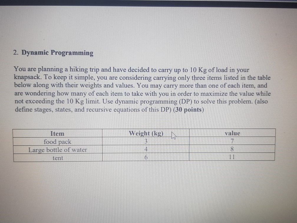 2. Dynamic Programming You are planning a hiking