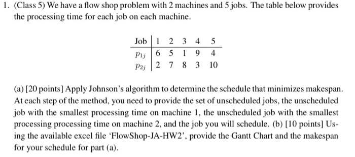 1. (Class 5) We have a flow shop problem with 2