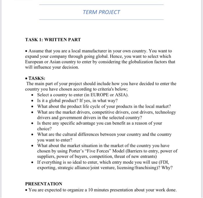 TERM PROJECT TASK 1: WRITTEN PART Assume that you