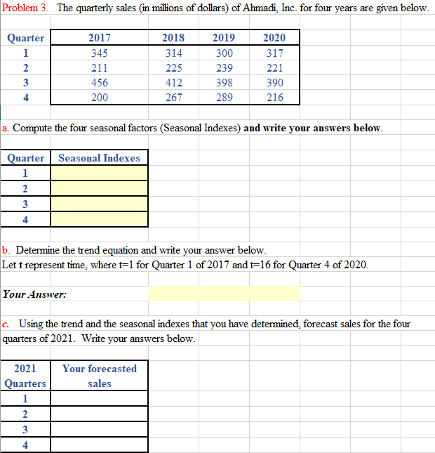 Problem 3. The quarterly sales (in millions of