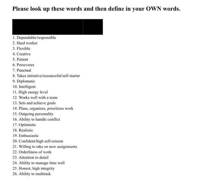 Please look up these words and then define in