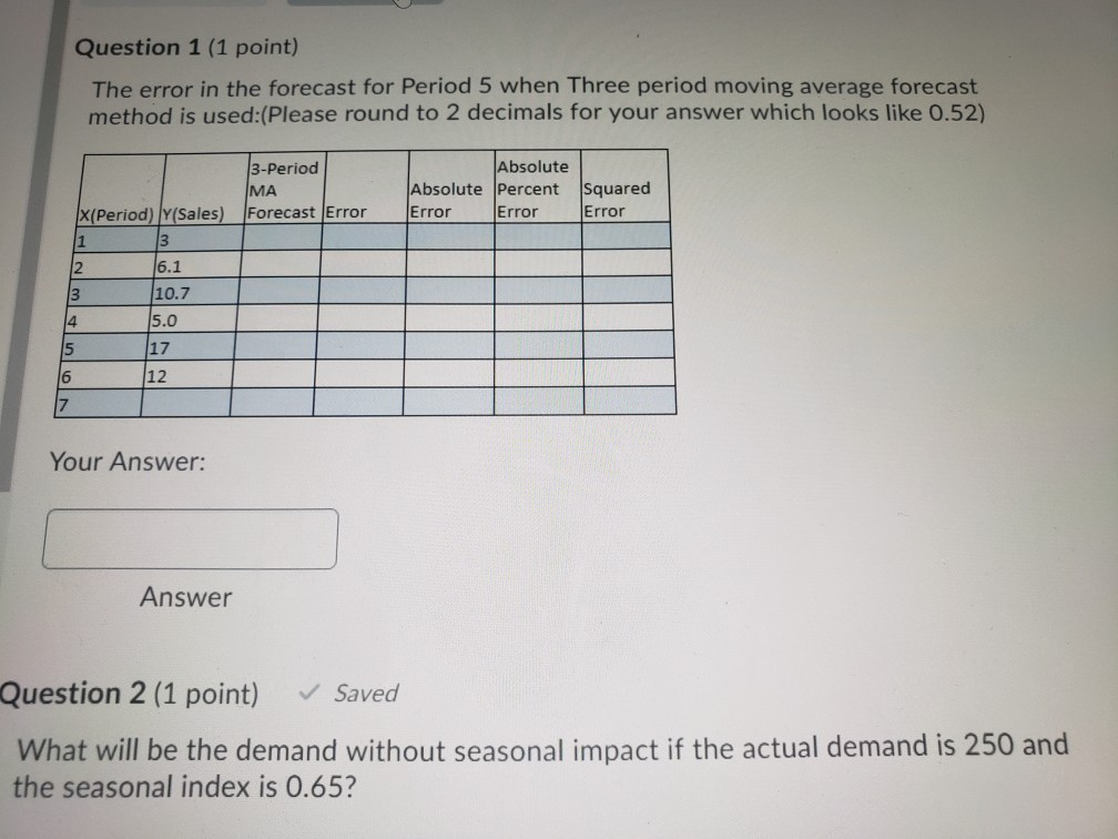 Question 1 (1 point) The error in the forecast