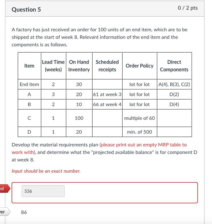 Question 5 0/2 pts A factory has just received an
