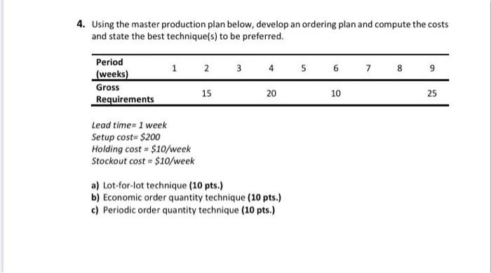 4. Using the master production plan below,