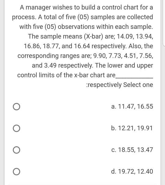 A manager wishes to build a control chart for a
