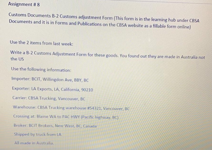 Assignment #8 Customs Documents B-2 Customs