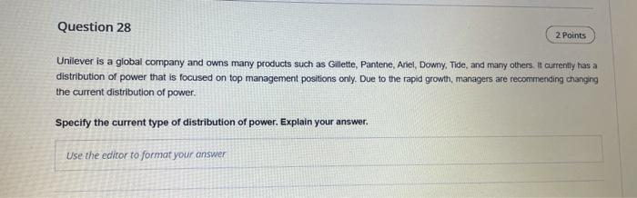 Question 28 2 Points Unilever is a global company