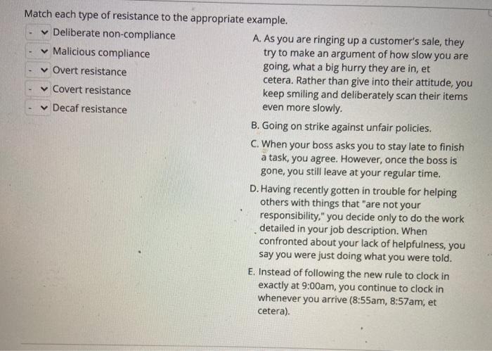 Match each type of resistance to the appropriate