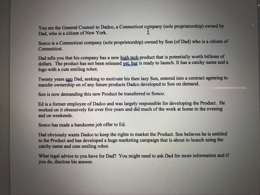 You are the General Counsel to Dadco, a