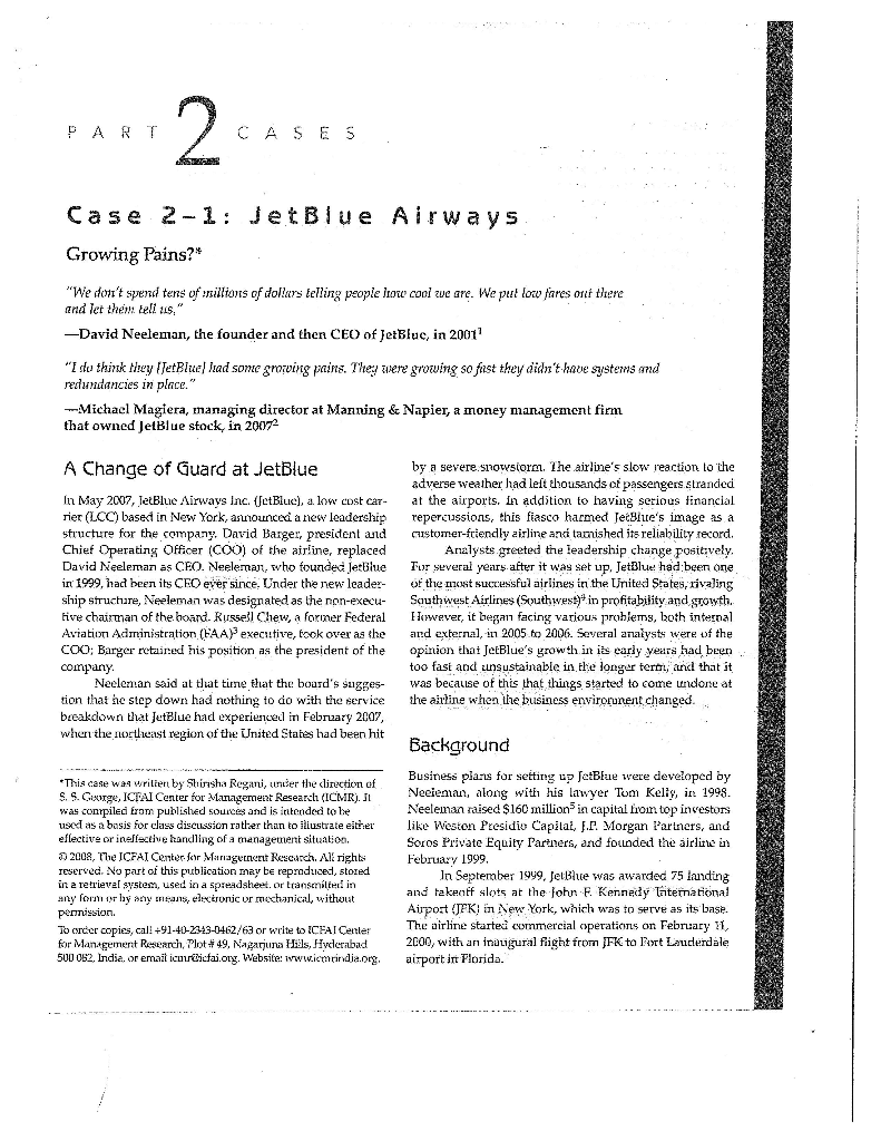 Case 2-1: JetBlue Airways Growing Pains 1.