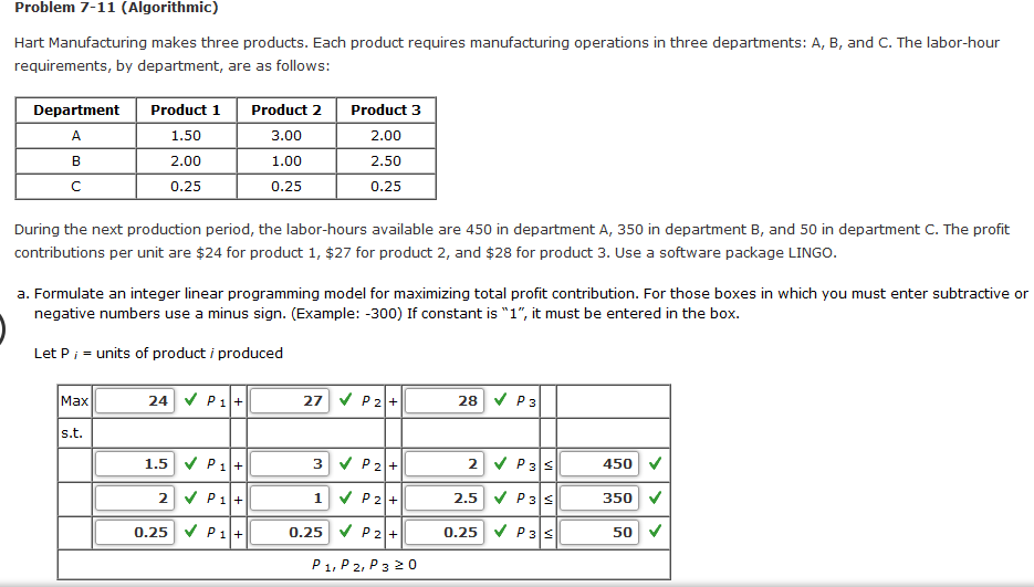 Problem 7-11 (Algorithmic) Hart Manufacturing