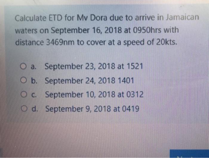 Calculate ETD for My Dora due to arrive in