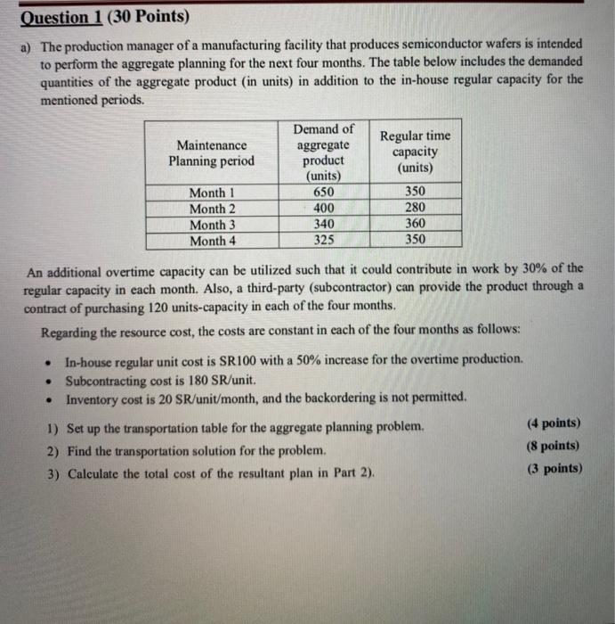 Question 1 (30 Points) a) The production manager