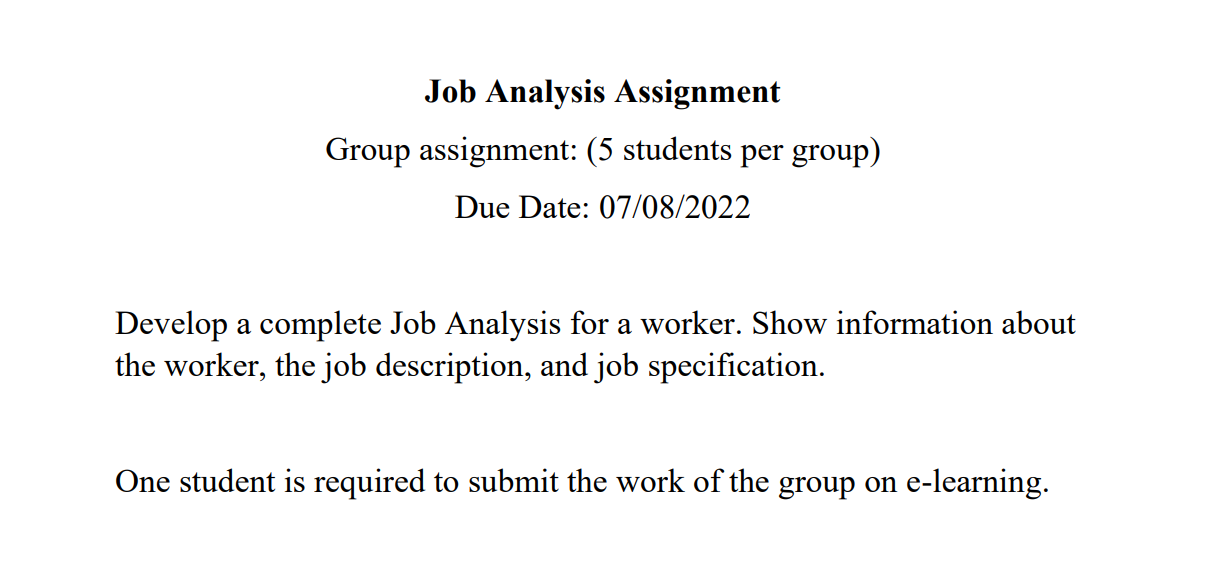 Job Analysis Assignment Group assignment: (5