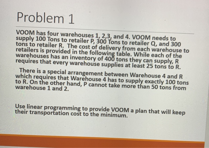 Problem 1 VOOM has four warehouses 1,2,3, and 4.